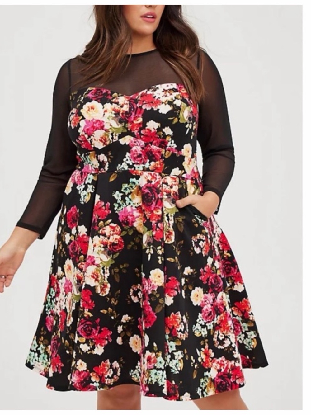 Torrid black floral mini scuba fit & flare dress